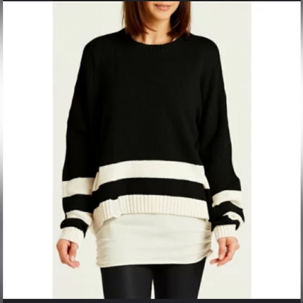 Planet By Lauren G Striped Cotton Black And White Sweater One Size